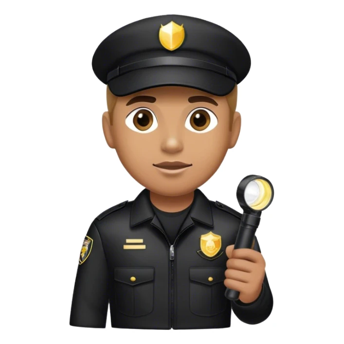 A vigilant male security guard wearing a black uniform, a baseball cap with ‘SECURITY’ embroidered on it, and a black jacket. He holds a flashlight  shining its beam forward, np police uniforms, no badge sticker