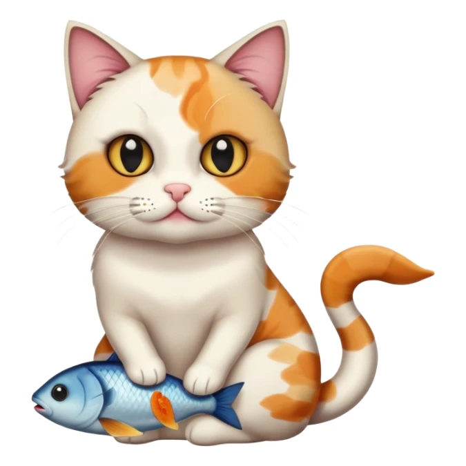 cat full body sitting with black eyes with a fish in its mouth sticker