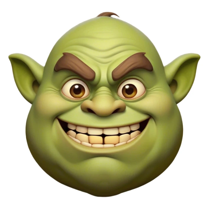 Cinematic Comical Ogre Portrait Emoji, with a strikingly exaggerated, bulky figure in vivid earthy greens and browns, head tilted in a dramatically surprised expression with wide, comically bulging eyes and a goofy, oversized grin, simplified yet hilariously exaggerated, highly detailed with a soft, cartoonish glowing outline capturing the playful absurdity of a meme-worthy ogre! sticker