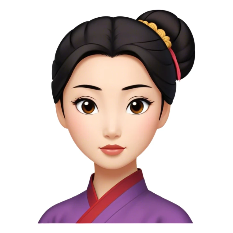 Cinematic Realistic Serene Mulan Portrait, showing Mulan (chest and above) with radiant, smooth skin and delicately detailed dark hair swept back in a neat bun. Her gentle, reflective expression is captured with soft natural lighting that highlights the nuanced textures of her features and traditional attire in muted hues. The composition glows with an inviting, natural radiance and subtle shadows, evoking a calm and introspective mood that speaks of quiet strength and enduring beauty. sticker