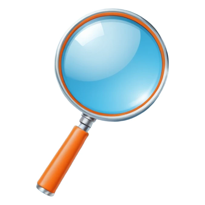 A stylized blue magnifying glass tilted right, flat design, minimalist, vibrant orange handle, white circular background, high resolution, 2048x2048 pixels, vector art, clean lines sticker