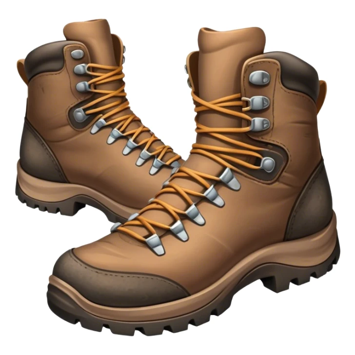 Cinematic Realistic Hiking Boots, well-worn leather boots resting on a rocky trail, scuffed edges and dirt-speckled laces adding character, glowing softly under the dappled sunlight filtering through the trees. sticker