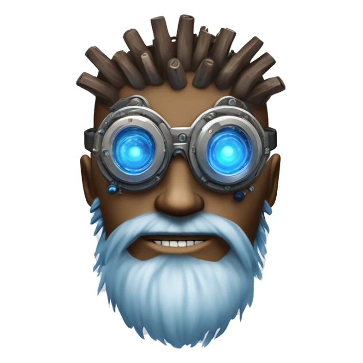 Brown cyborg head with blue Mohawk, blue beard, silver steampunk monocle goggles a smile and circuits sticker