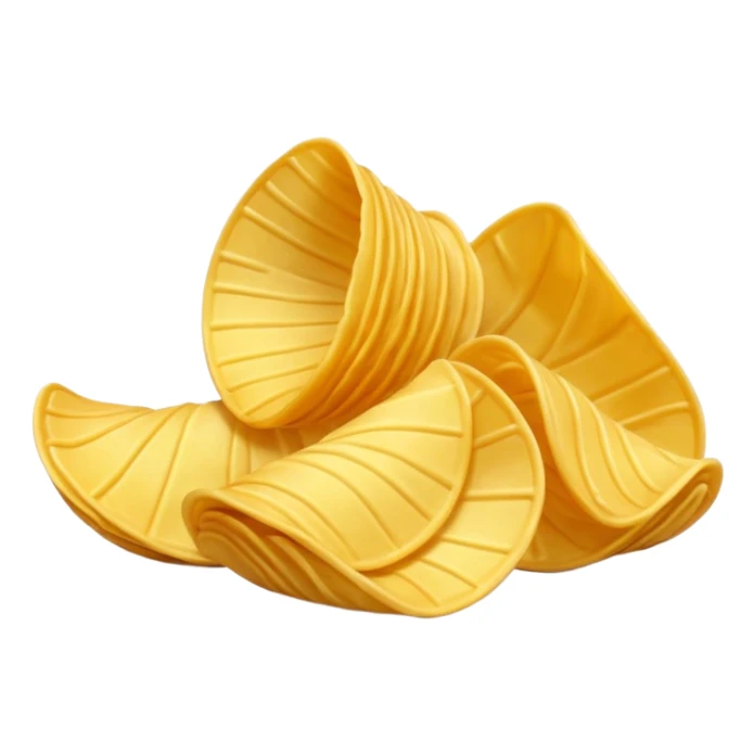 3 golden potato chips, curved, overlapping, crispy edges, light texture, warm yellow-gold, 3D, minimal, soft shadows, no packaging, no bowl, no branding, no anthropomorphic features, transparent background, emoji scale sticker