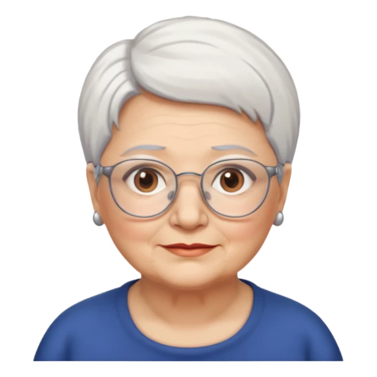 Create me emoji of an old mid-fat lady. Short white hair to left side. Square glasses. Brown eyes. Without any earings. Long head sticker