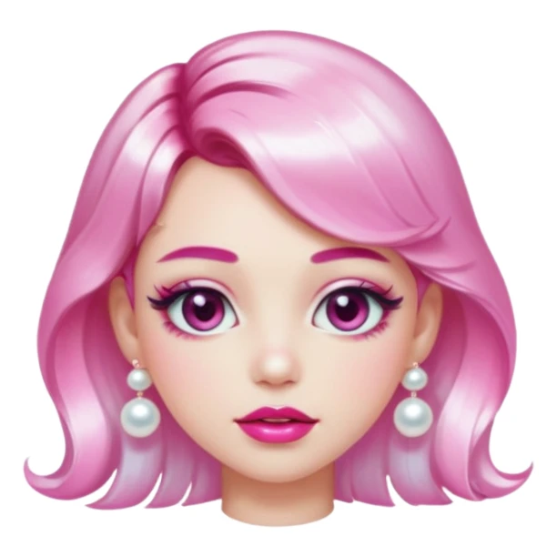 “Emoji girl, glossy pink eyelids, ombré cherry lips, soft contour, subtle glitter under eyes, pearl hair clips, trendy hairstyle, iridescent modern top.” sticker