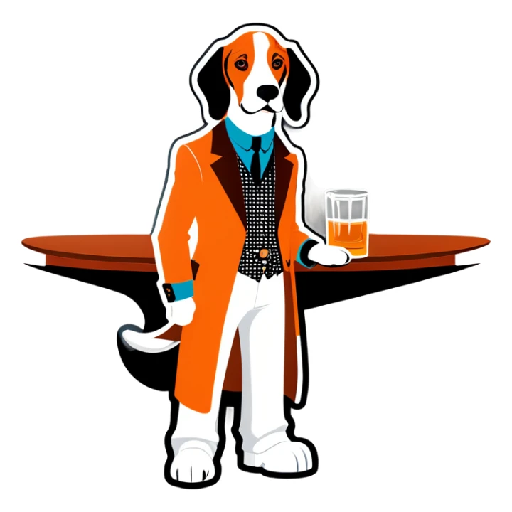 Hound dog in tangerine and white clothes at a whiskey bar sticker