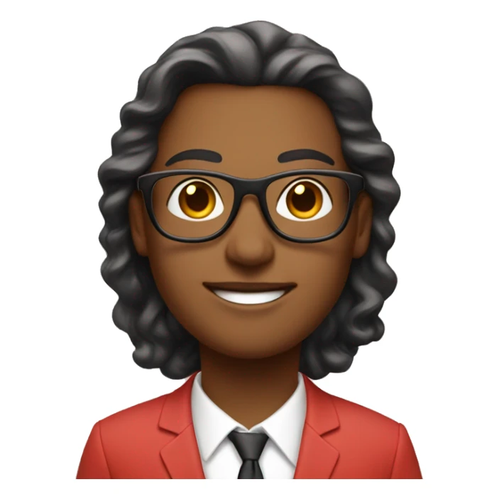 An entrepreneur in a pastel red suit and glasses sticker