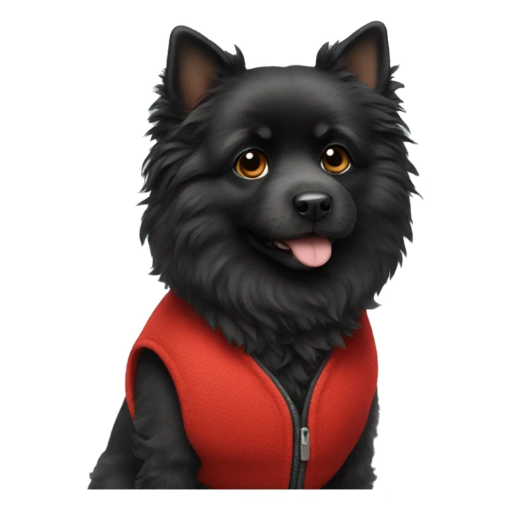 small completely black fluffy dog wearing red vest sticker