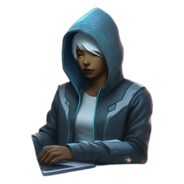 netrunner from cyberpunk with laptop in back hoodie and white skin sticker