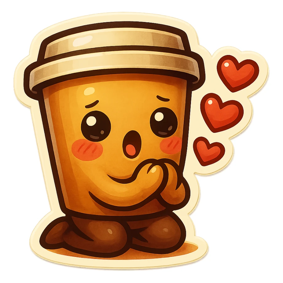 Tall coffee cup, bowing on knees, gushing with love, worship sticker