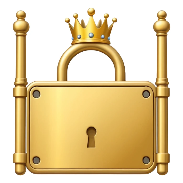 Golden padlock with a crown icon blocking a gate, flat UI illustration premium style. sticker