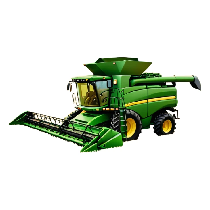 John Deere S780 (2021) – Cinematic-realistic John Deere S780 combine harvester, its bold green frame towering over golden wheat fields. The powerful header swallows crops effortlessly as grain fills the tank, while the setting sun casts a warm glow over the vast farmland. sticker
