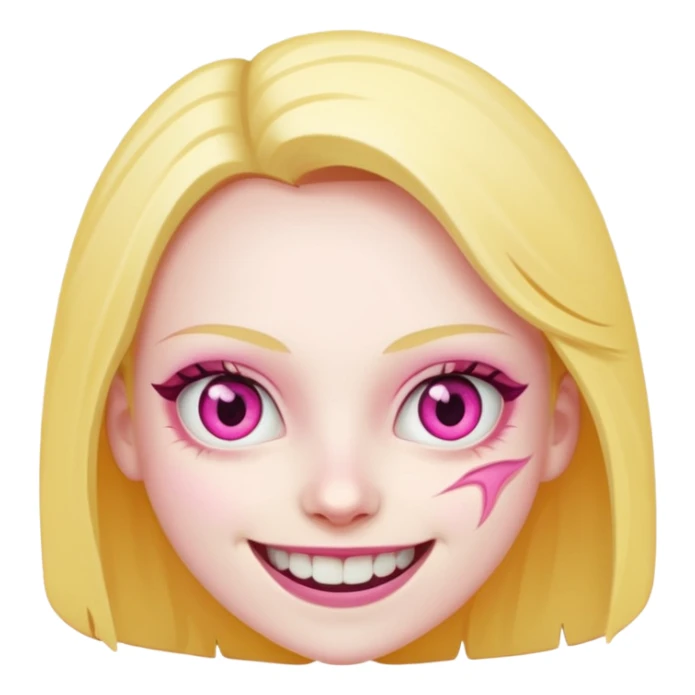 face with a wide slasher smile, pink and yellow eyes, slightly tilted sticker