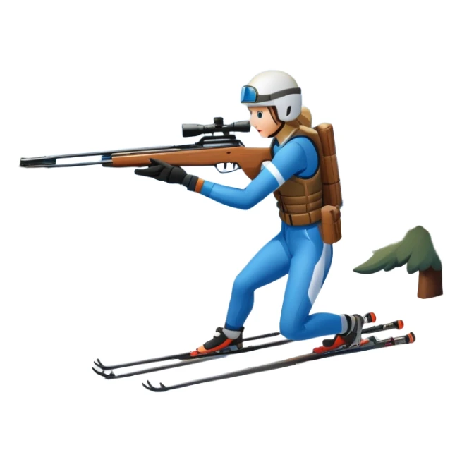 An icon showing a snowy landscape with pine trees, mountains, and a clear sky with a biathlete aiming a rifle in the foreground, wearing winter gear and skis. Transparent background emphasizes the precision, endurance, and beauty of this winter sport. sticker