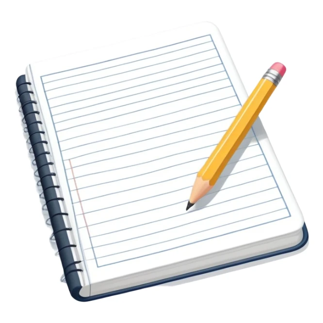 A flat-style illustration of an open lined notebook with a pencil resting on it, symbolizing secondary school education. The notebook is simple, clean, and academic-looking. Minimal cartoon style, white background, iOS emoji aesthetic. sticker