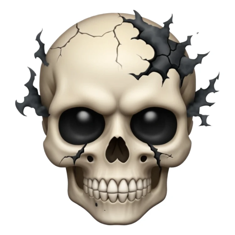 iOS style emoji, dark fantasy skull, cracks, black smoke from eyes, soft light, stylized sticker