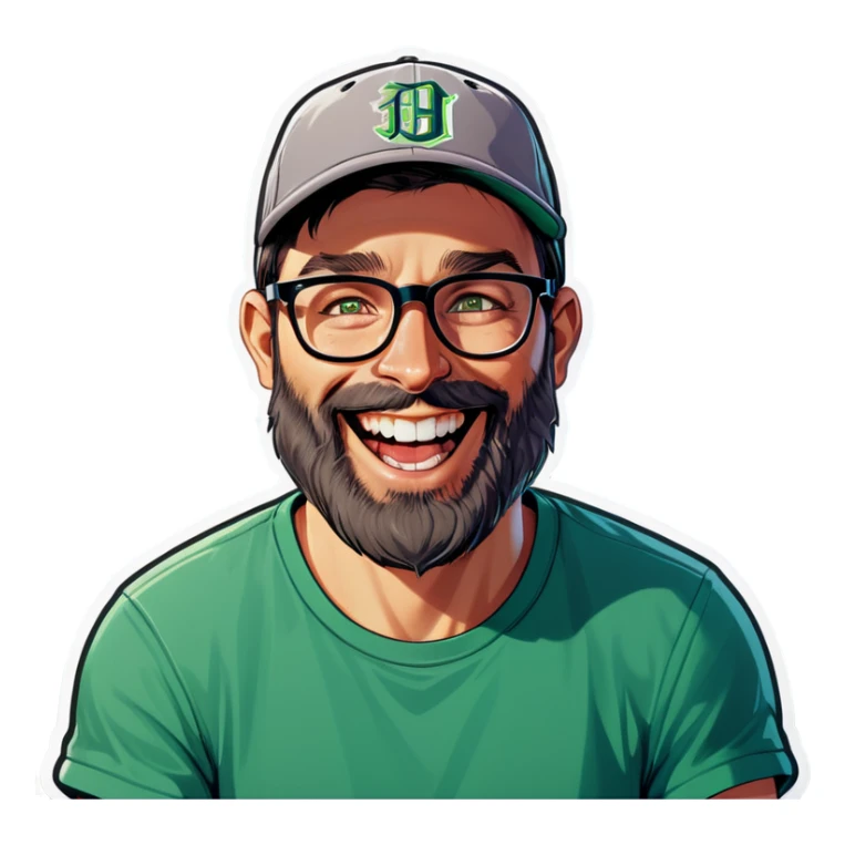 A man with a grey baseball cap, green eyes, big dark brown beard and glasses, laughing sticker