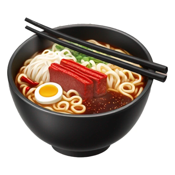 Glossy black noodle pack with red and white details, Korean lettering, and a steaming bowl of ramen on the front with noodles, meat, and chili peppers. sticker