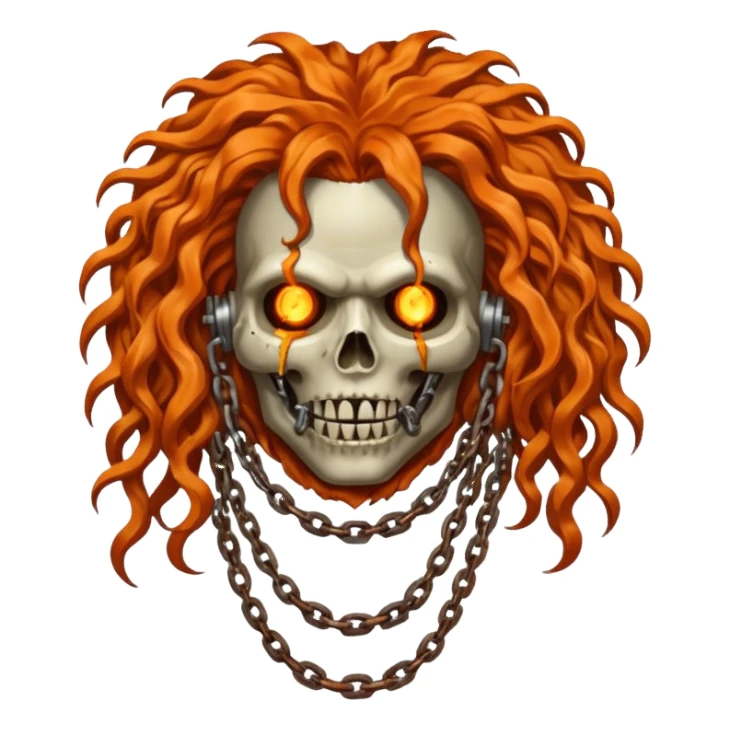 steam-punk Megadeth - iconic corpse made of rusty metal with chains on its teeth, huge curly orange hair sticker