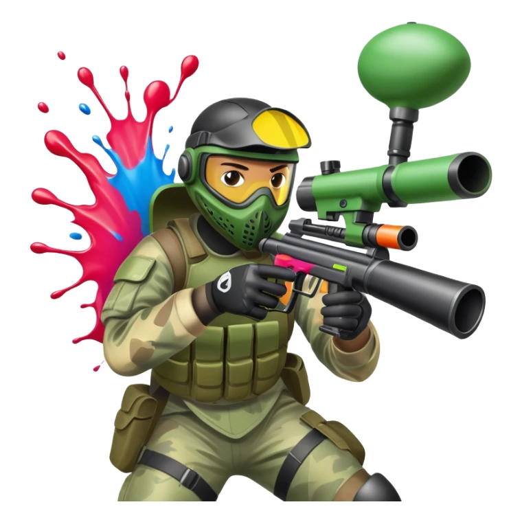 A paintball player in full gear, aiming a paintball gun with focus and determination. The scene includes vibrant splashes of paint and a dynamic battlefield setting, emphasizing action, strategy, and teamwork in a competitive environment sticker