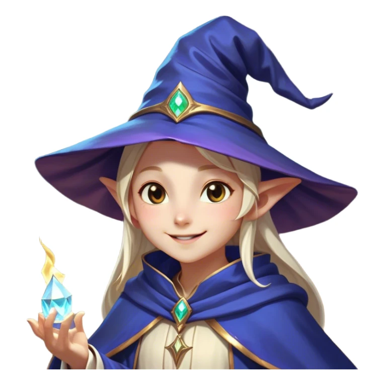 Clash of Clans aesthetic Playful Mage Portrait Emoji, Head tilted with a mischievous glimmer and subtle enchanting smile, featuring a compact, gracefully robed form with a pointed wizard hat and twinkling eyes in natural skin tone, Simplified yet irresistibly charming features, highly detailed, glowing with a warm, inviting magical glow, high shine, spirited and imaginative, stylized with a touch of whimsical sorcery, soft glowing outline, capturing the essence of a playful mage exuding friendly arcane wonder! sticker