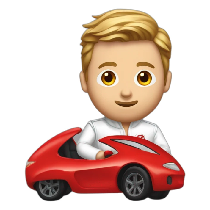 Ryan Gosling in white Racing Suite is driving a tiny red car sticker