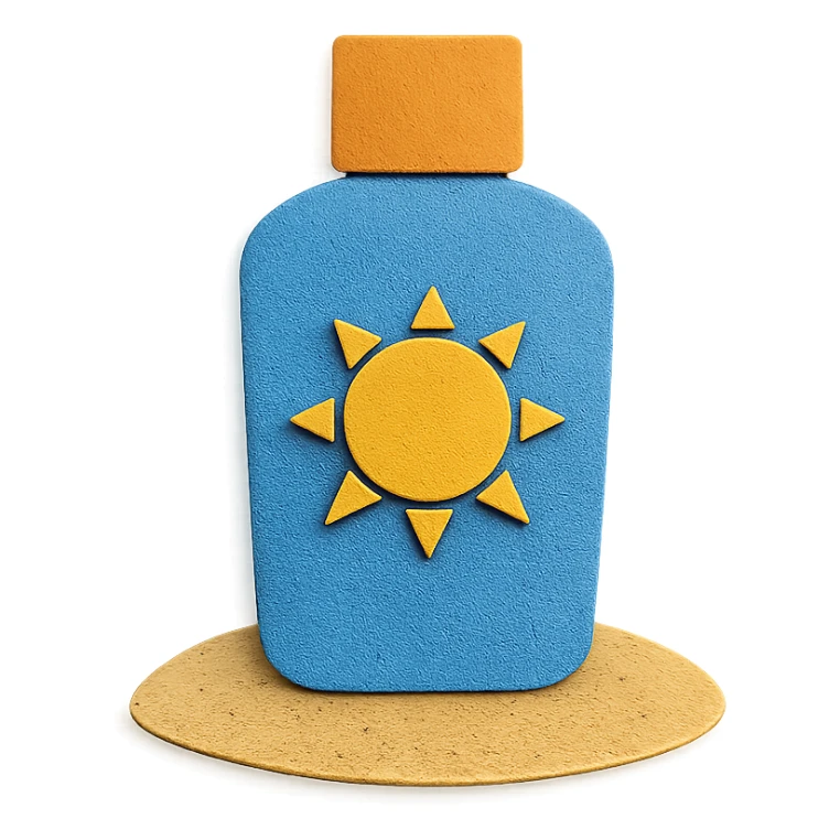 illustration of a sunscreen bottle with a sun icon on a sandy beach, bright colors, paper-craft style sticker