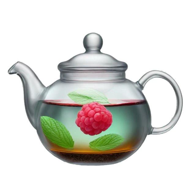 transparent glass teapot for tea brewing, inside of which is black tea with raspberries, lemon and mint and cinnamon sticker
