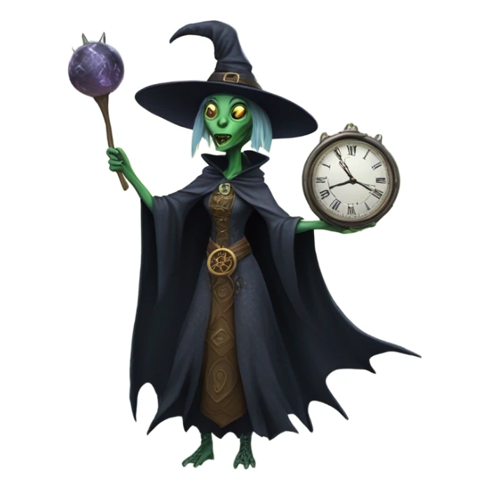 a Reptilian alien woman, as witch, holding holding a big clock, full body sticker
