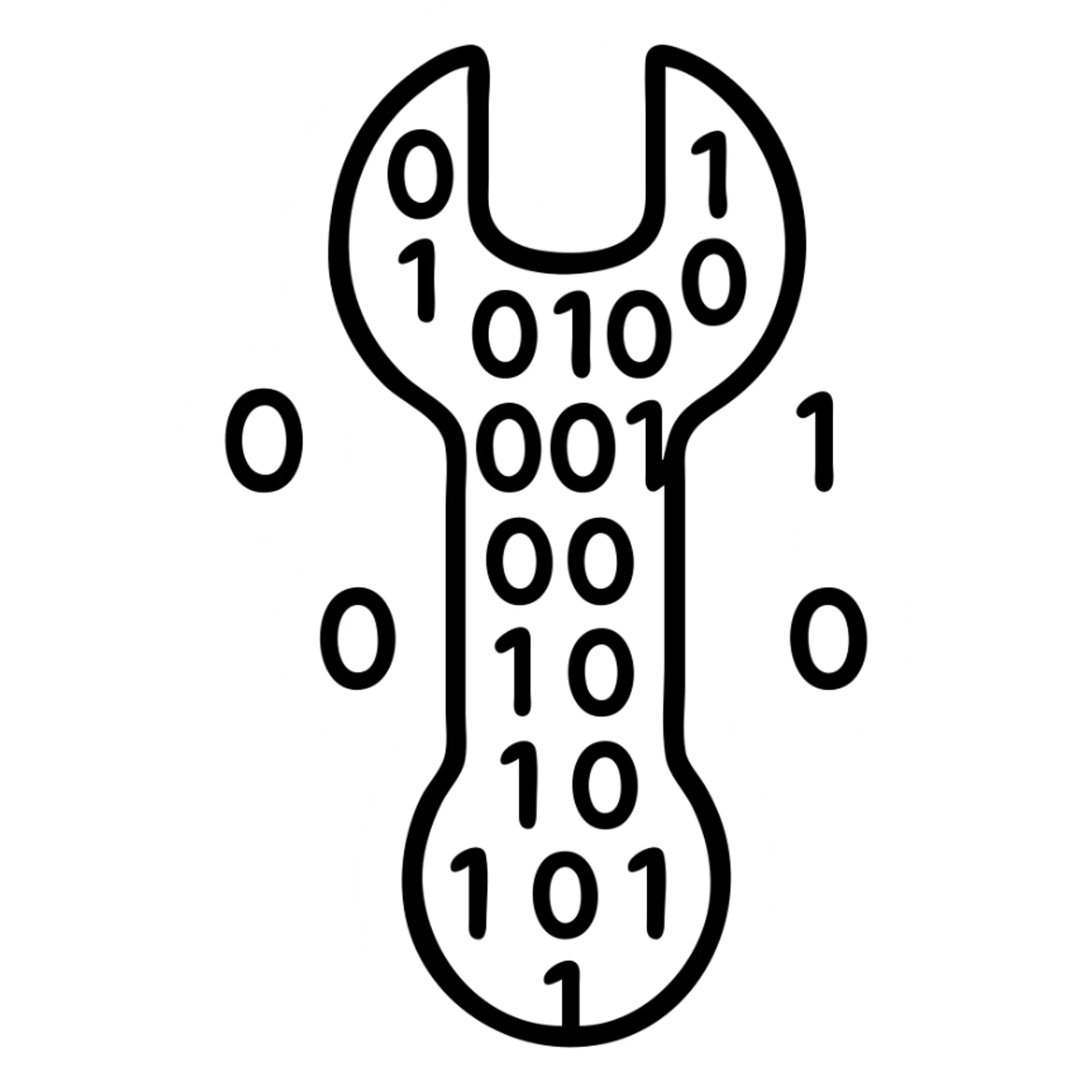 A wrench tool made out of binary code, with 0s and 1s flowing through and forming the shape of a wrench sticker