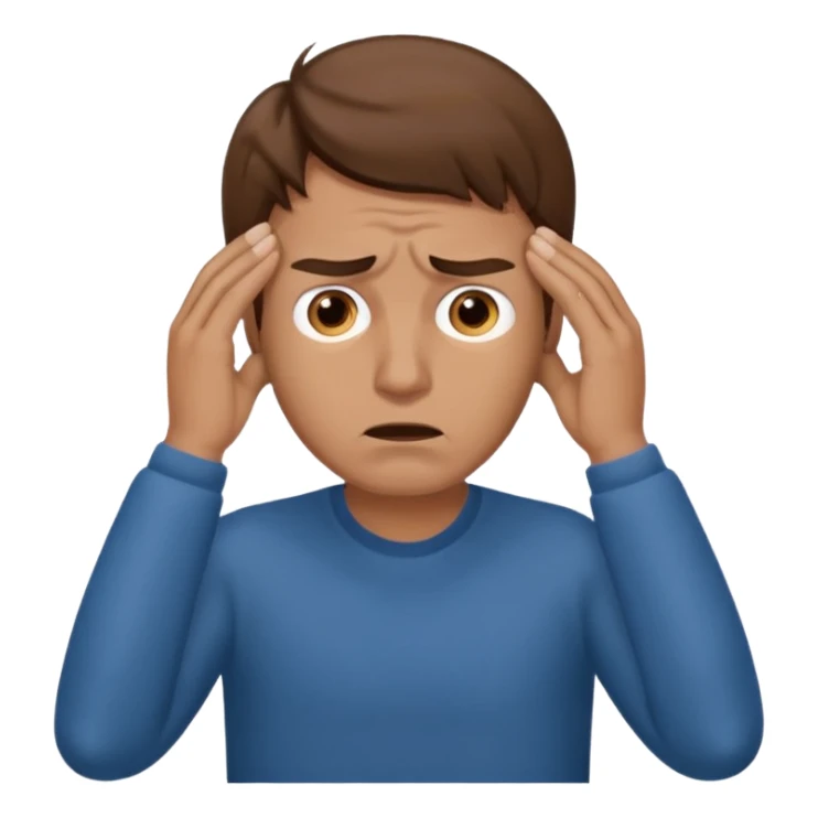  iOS emoji style - A stressed man stands and messages his temples. He has brown hair. Stress sticker