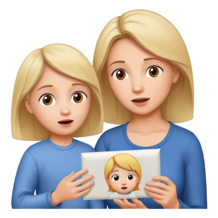 pleasanty surprised mother with child showing drawing sticker