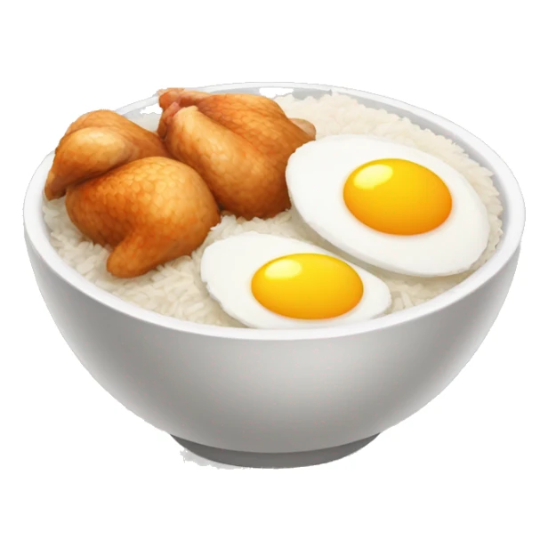 a bowl of rice with two eggs and two chicken sticker