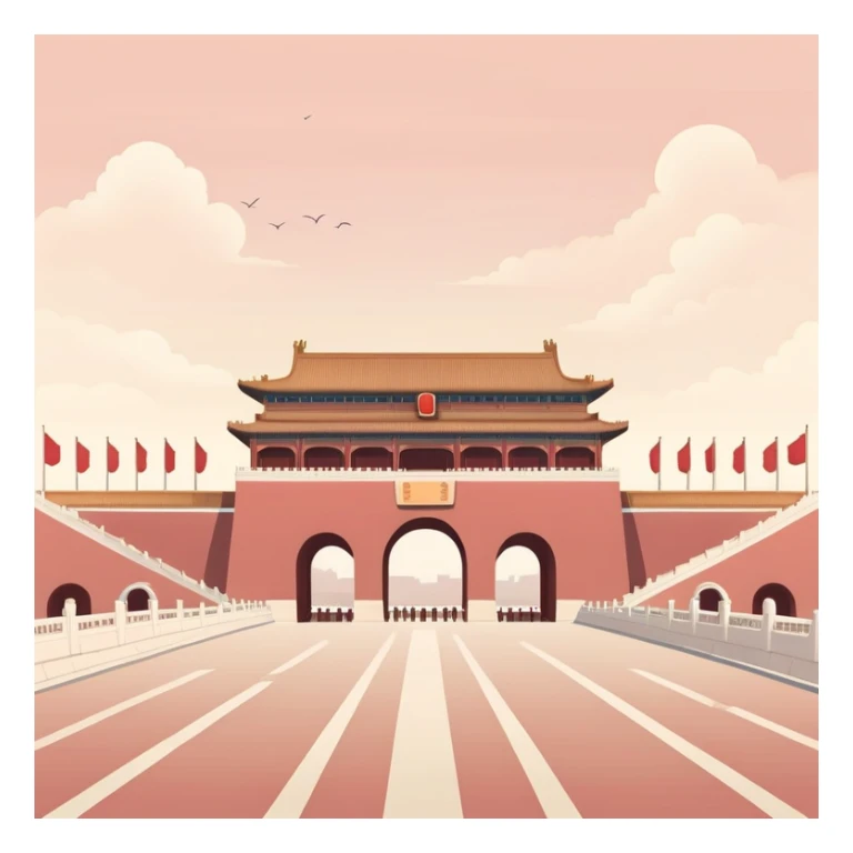 Tiananmen Square in Beijing with traditional Chinese architecture gate, sunny day, travel landmark illustration, soft pastel colors, gentle color palette, muted tones, not vibrant sticker