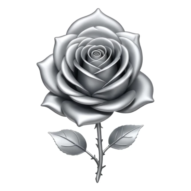 A rose emoji made of liquid silver metal, smooth metallic petals, reflective chrome surface, soft gradients, elegant shape, minimalistic iOS emoji style, centered, clean white background, realistic highlights, no text sticker