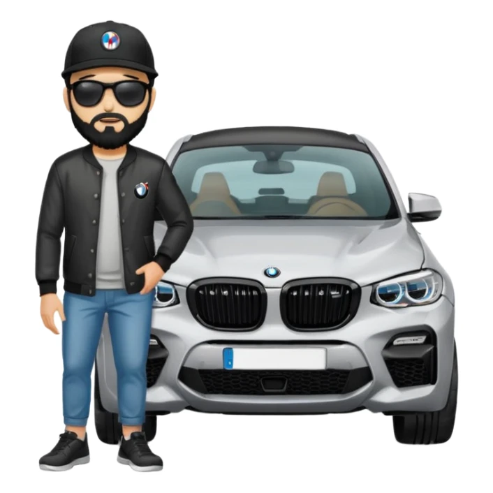 A man with black hair and beard standing next to his silver grey BMW X4 M competition with sunglasses and a black baseball cap on sticker