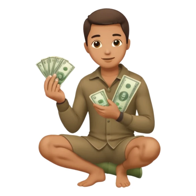 1 man is kneeling, holding a wad of money and asking sticker