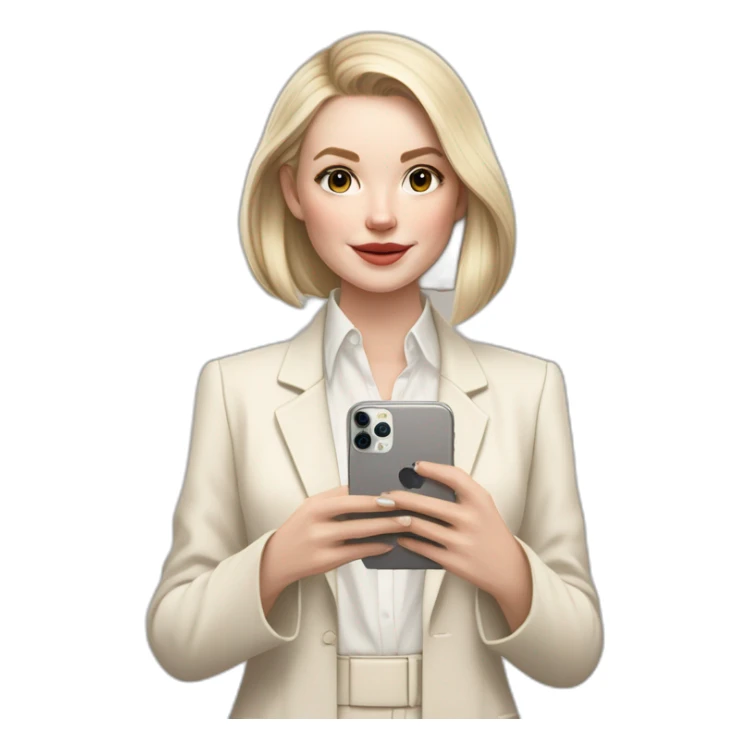pale skin woman with ash blonde Straightened bob Hair, White Spacious classical jacket, beige palazzo Arrow pants and gray blouse holding white IPhone 15 pro in the hands sticker