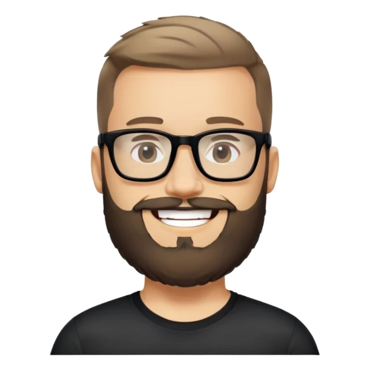 Light-skinned man with full beard, short hair brushed upward, big black glasses frames, happy smile, black sports shirt sticker