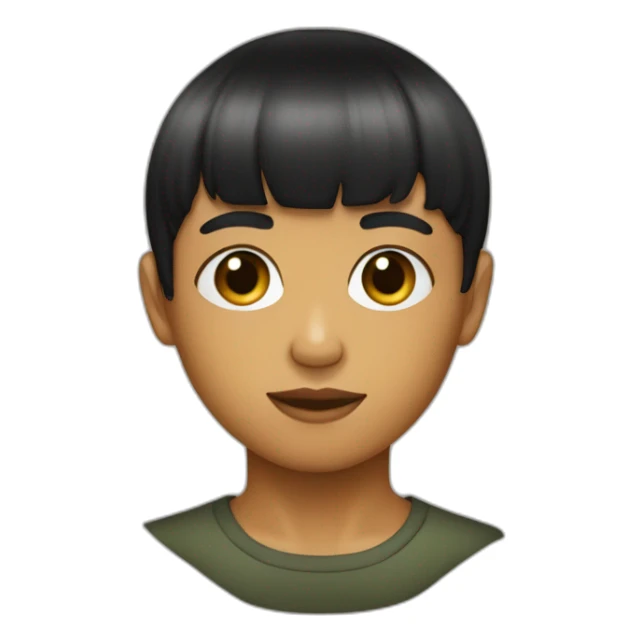black bowl cut, olive skin, eyebags sticker