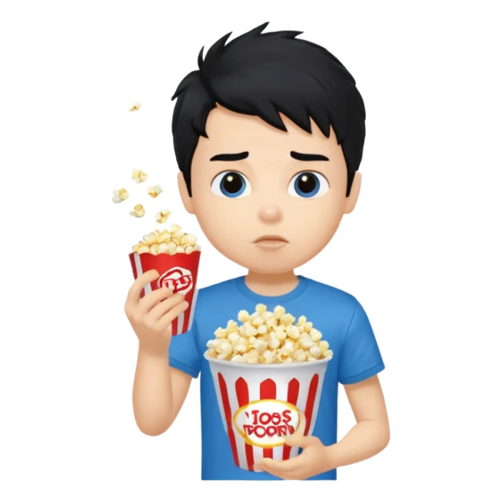 generate a pretty fair bratz boy with a blue tshirt on. eating popcorn. messy black hai sticker