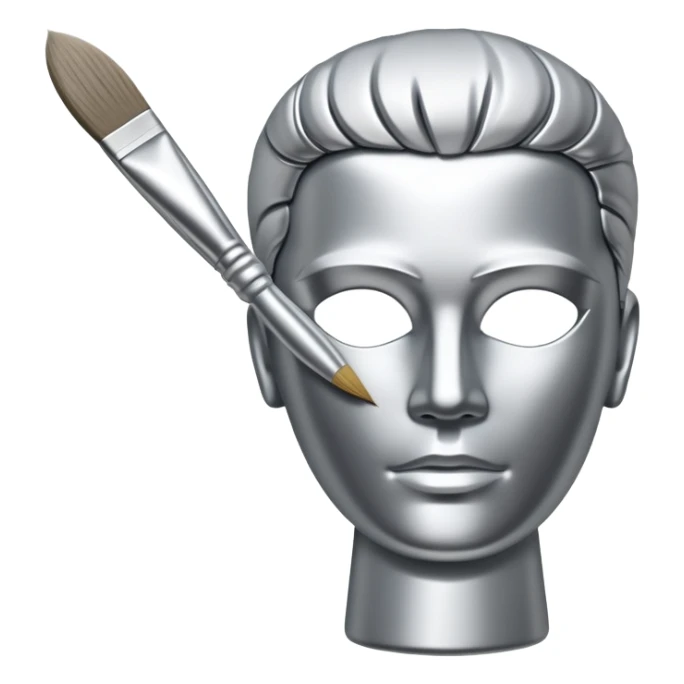 A paintbrush that transforms into a human metal silver silhouette sculpture emblem, symbol of artistic identity, with a highly polished silver metallic finish sticker