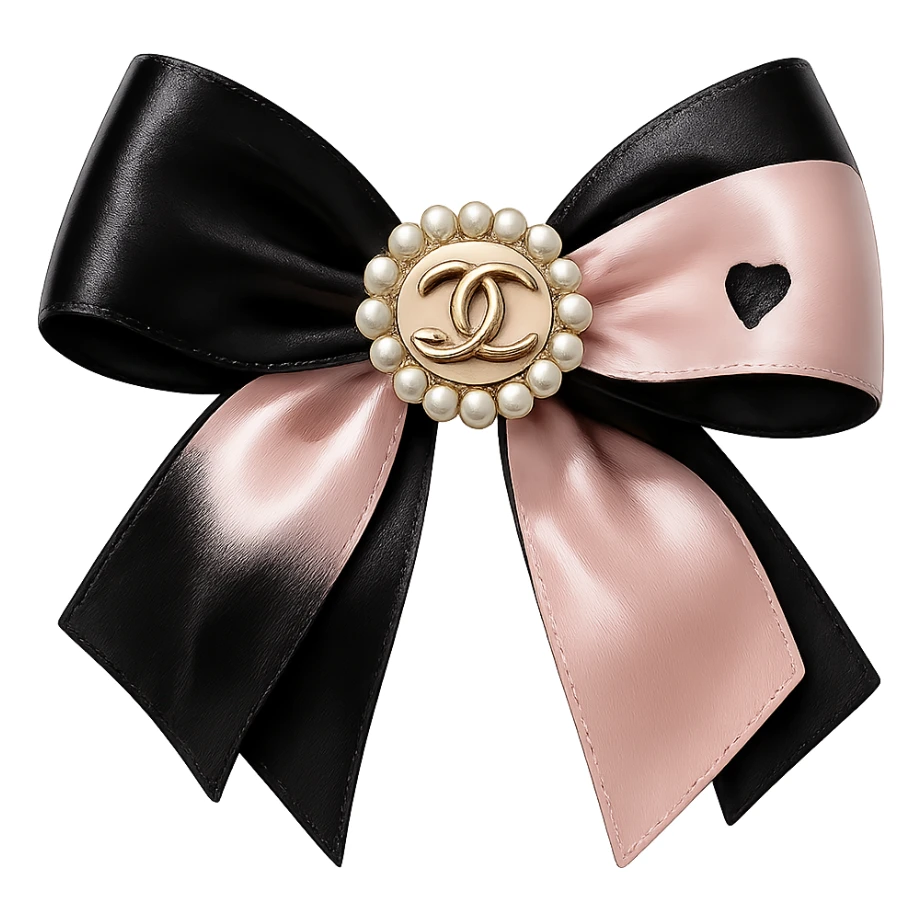 Remove the background, keep only the elegant bow with pearls and gold Chanel logo, glossy, pastel colors, realistic style, with no background. black pink, heart sticker