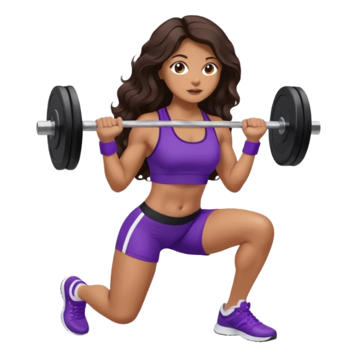 mujer de tez trigueña, con cabello castaño oscuro ondulado no muy marcado, con el cabello hasta las nalgas super largo estilizado, con ropa deportiva morada/lila, tenis blancos deportivos y levantando una pesa sticker