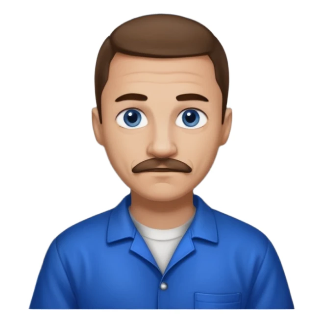 Graffiti from Lockdown with light skin, blue eyes, brown hair and thin mustache , cobalt blue inmate outfit  sticker