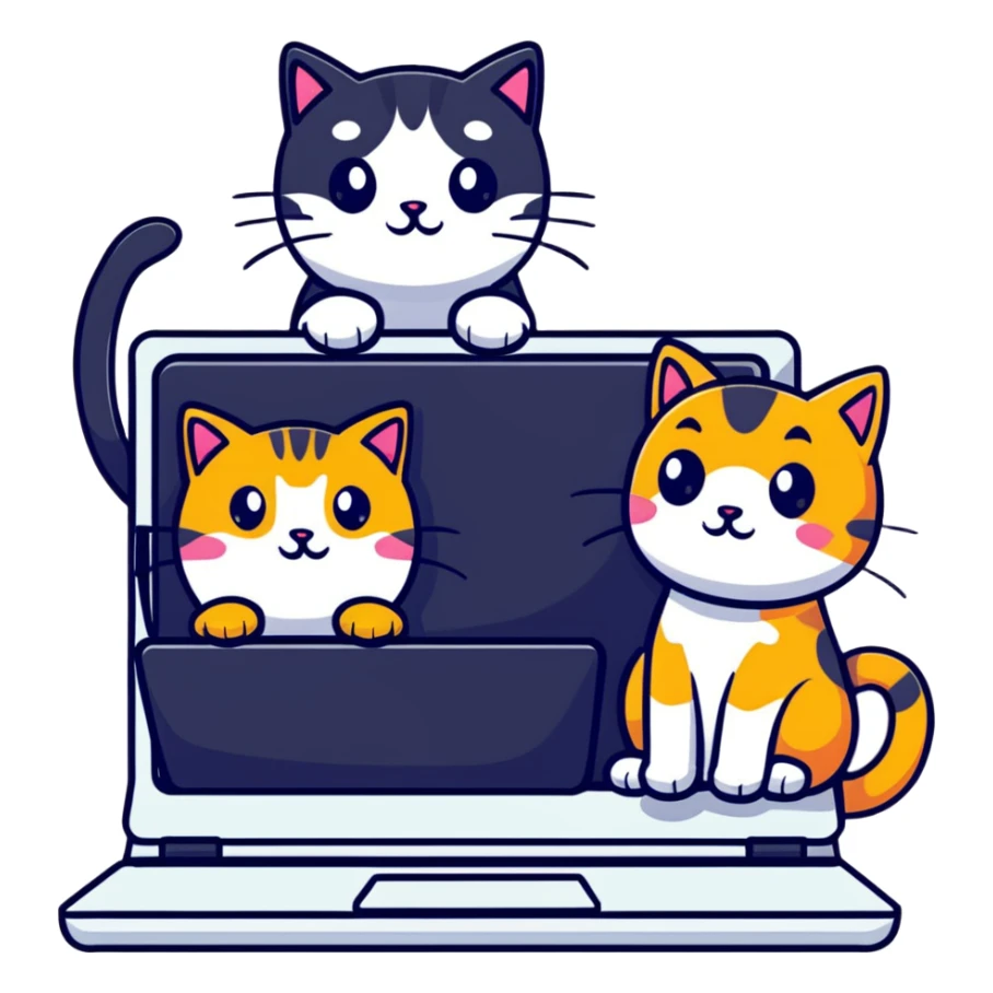 three cats at a computer, playful sticker style sticker
