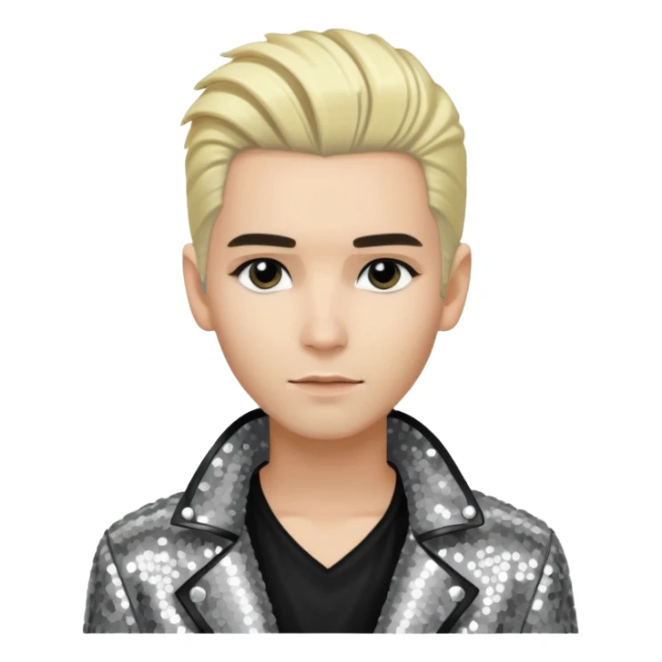  Bill Kaulitz from Tokio Hotel with blonde hair, silver sequin jacket, black shirt sticker