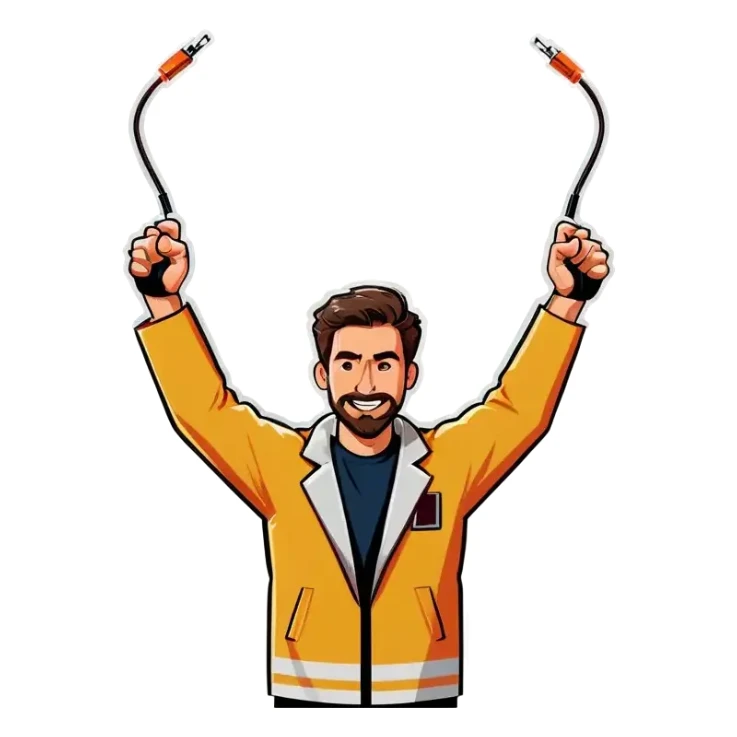 Man holding both arms in the air and holding an electrical cable sticker