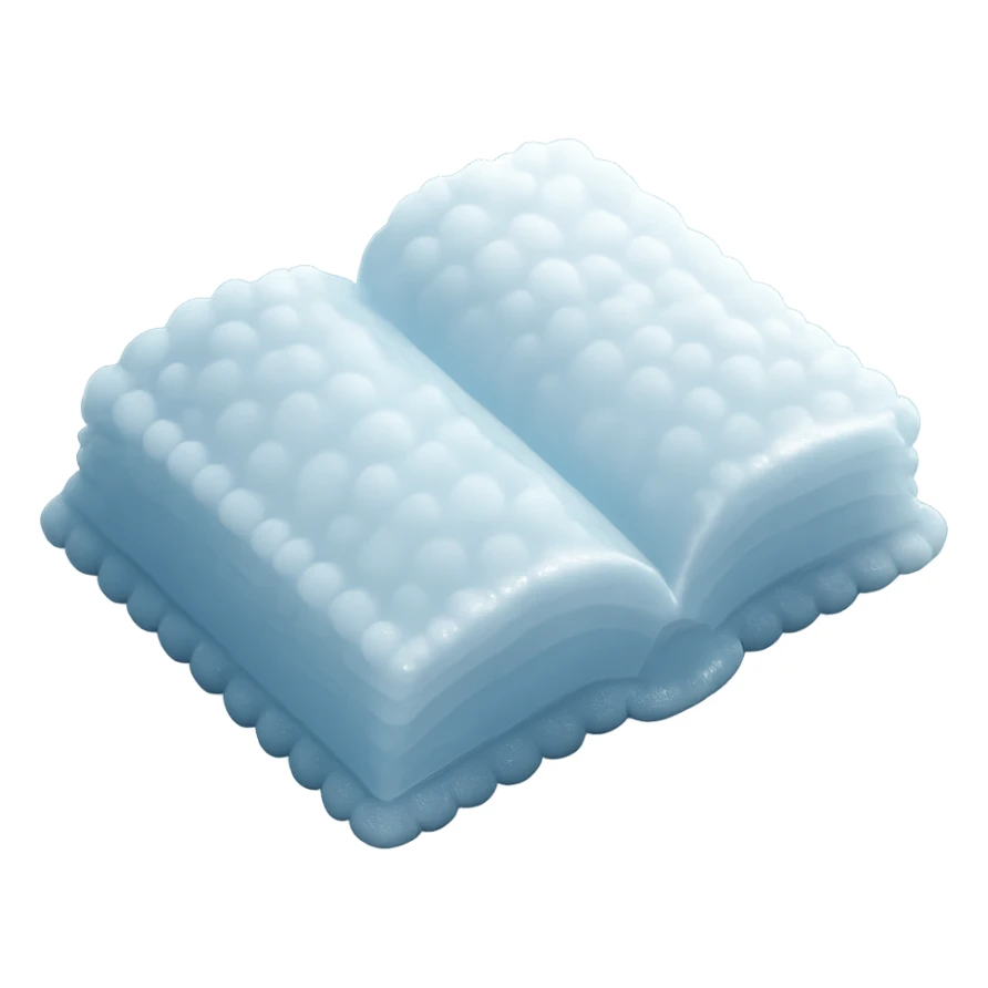 thick open book viewed from above, made entirely of small very bright white fluffy convex clouds, matte glass style sticker